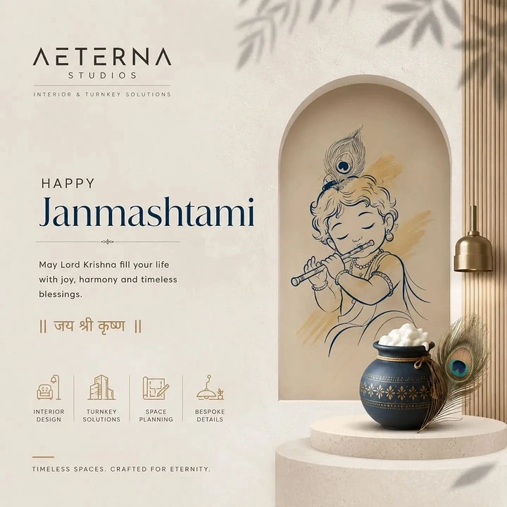 Janmashtami creative ad: Line-art Krishna with flute in an arched niche above a butter pot on a plinth