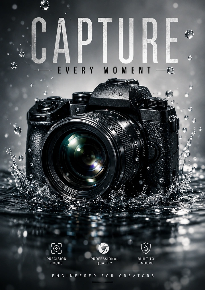 Cameras & Camera Stores creative ad: Premium dramatic water splash presentation