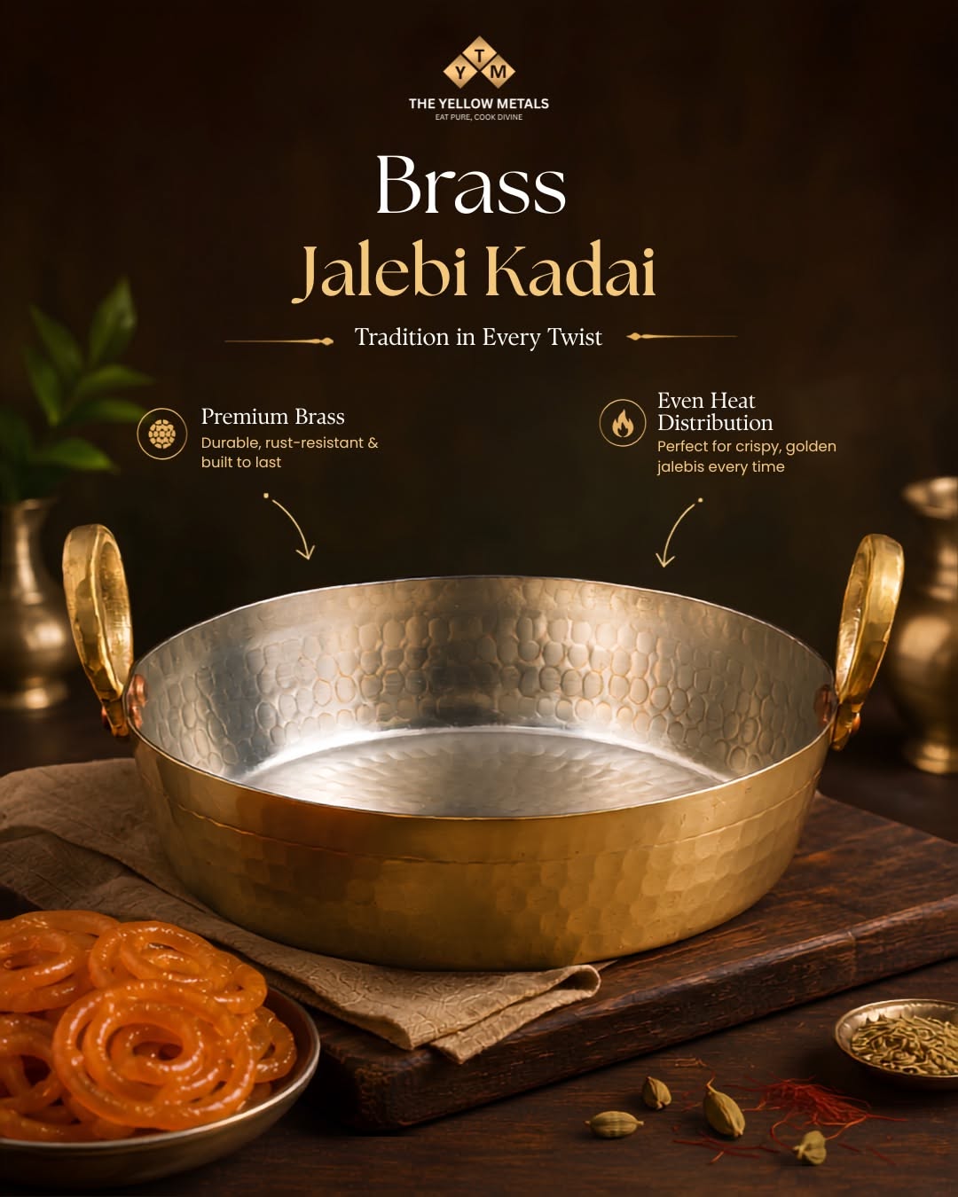Diwali Instagram post: Hammered brass jalebi kadai on a wooden board
