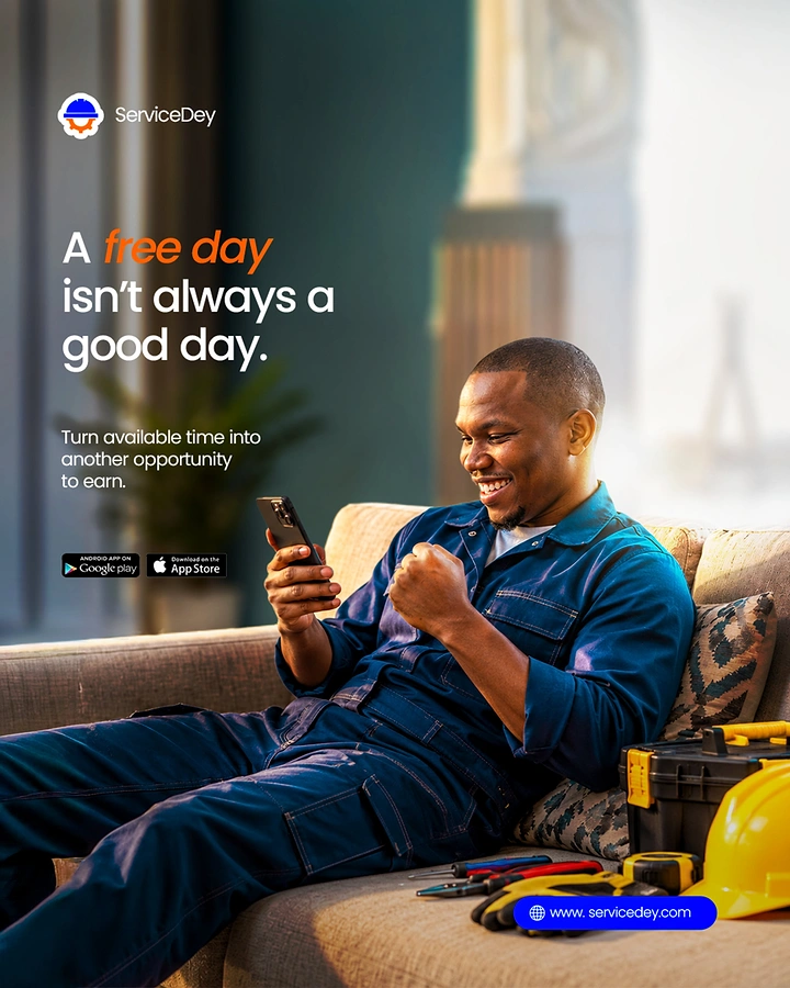Handyman & Home Repair creative ad: Smiling technician in blue coveralls on a sofa, celebrating while looking at his phone