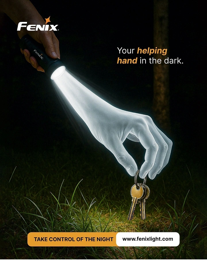 Outdoor & Camping Gear creative ad: Flashlight beam shaped as a hand picking up keys