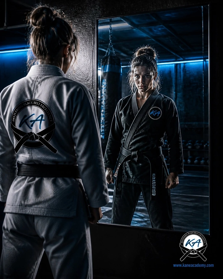 Martial Arts Academies creative ad: Woman in white gi facing her black-gi mirror reflection