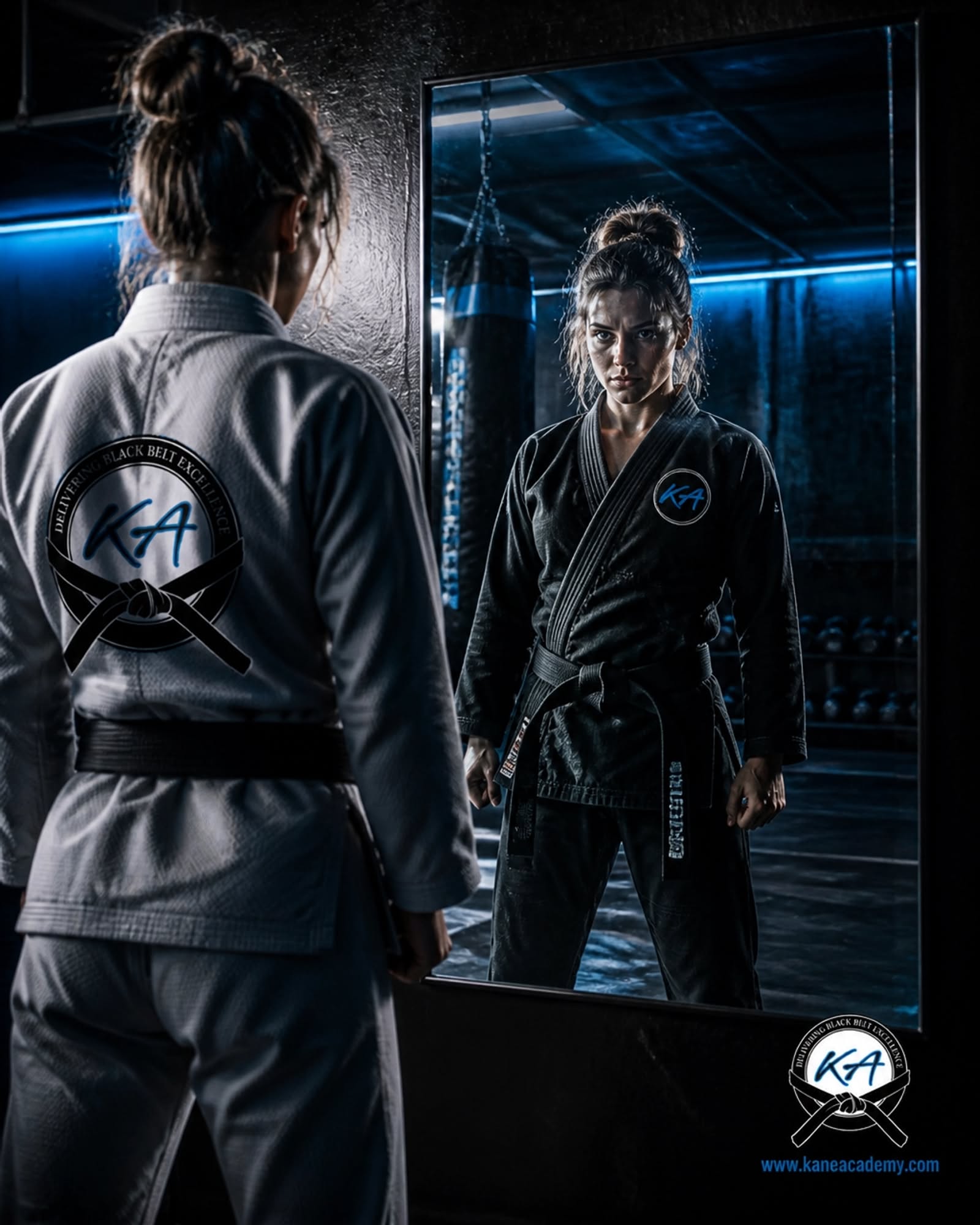 Instagram post: Woman in white gi facing her black-gi mirror reflection