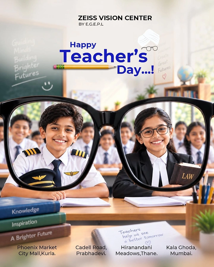 Teachers Day creative ad: Giant black spectacles framing smiling children dressed as a pilot and a lawyer