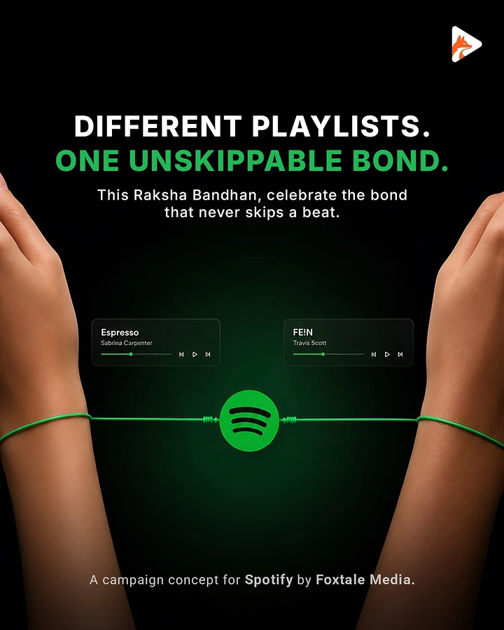 Raksha Bandhan creative ad: Green thread with a logo rakhi linking two wrists