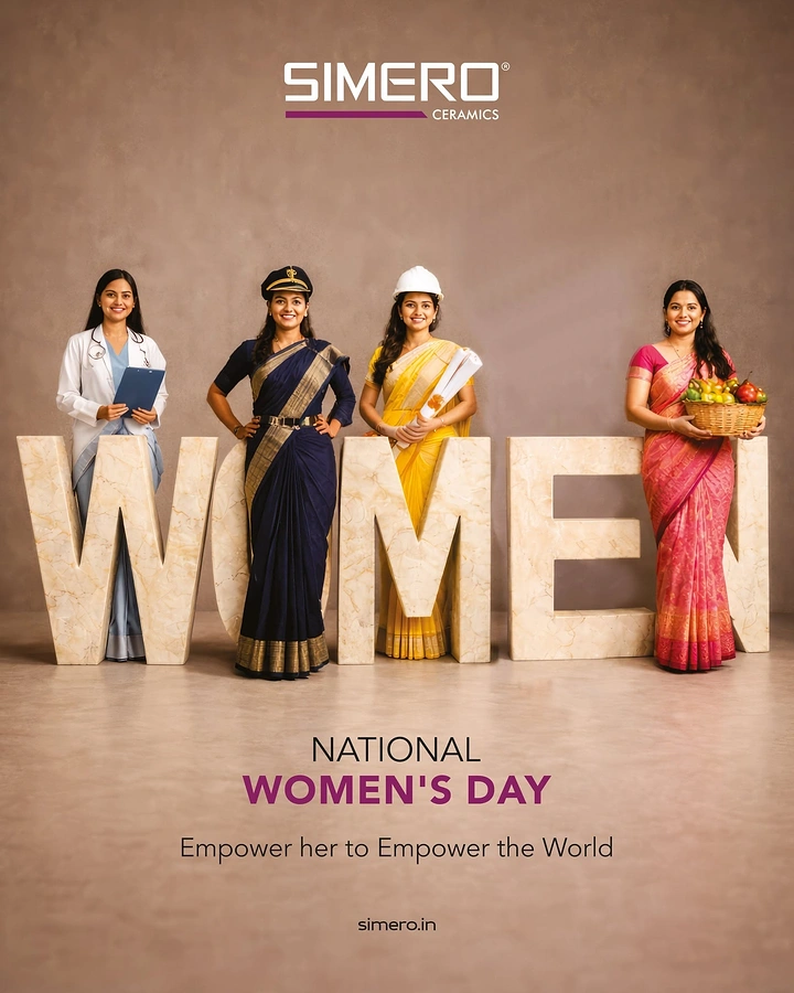 Women's Day creative ad: Four professional women standing behind marble WOMEN letters