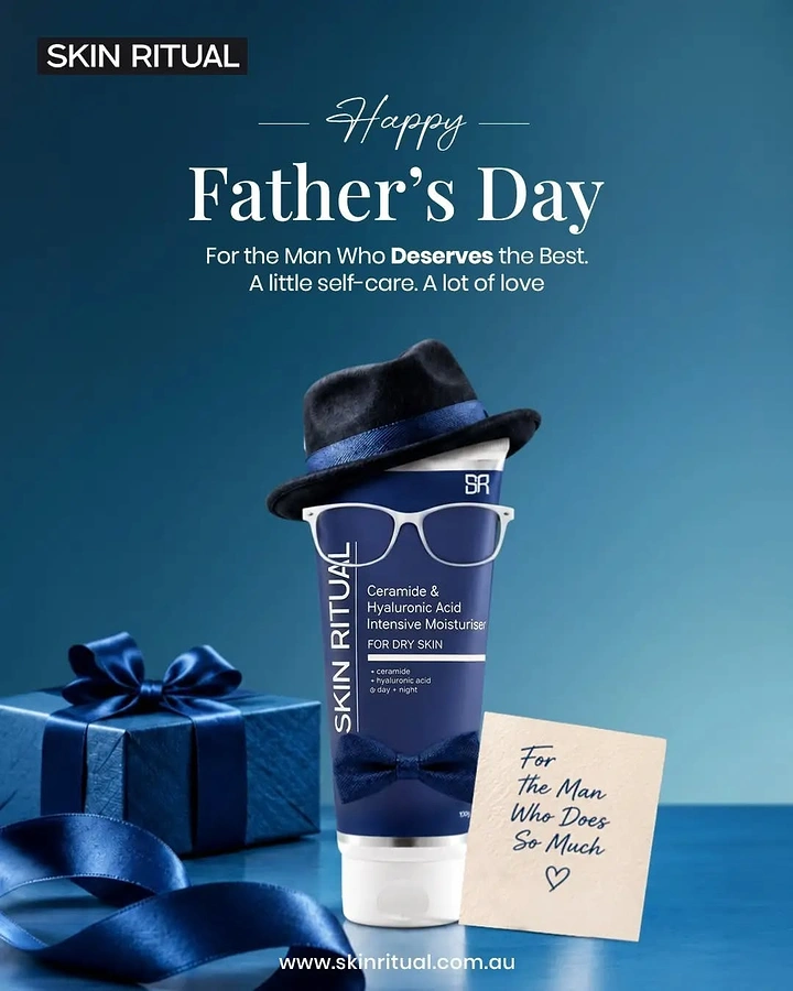 Father's Day creative ad: Moisturiser tube dressed as a dad with hat, glasses and bow tie