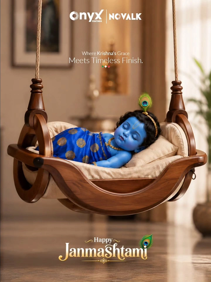 Janmashtami creative ad: Sleeping baby Krishna in a polished wooden swing cradle