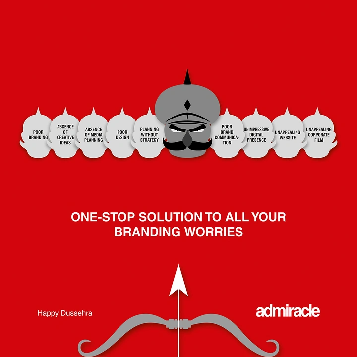 Dussehra creative ad: Flat Ravan with ten heads labelled as branding problems, bow aimed