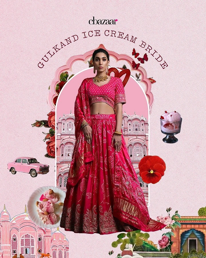 Fashion creative ad: Model in pink bandhani bridal lehenga inside a pink arch