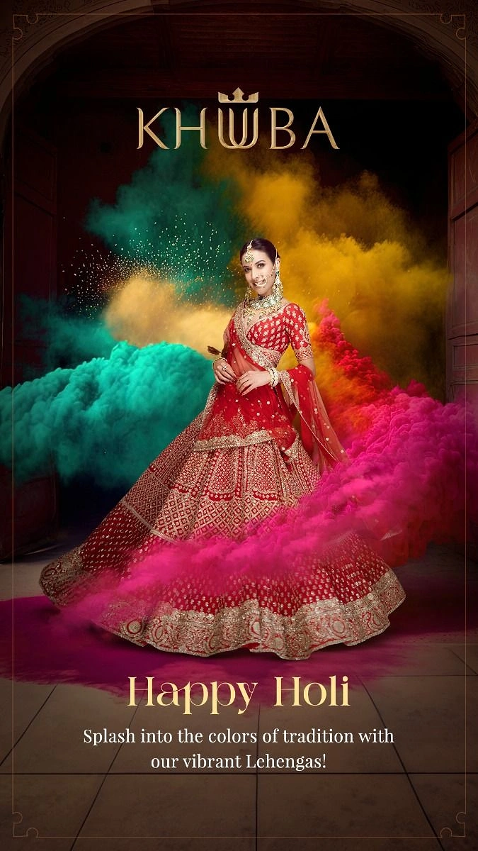 Holi creative ad: Model in red embroidered lehenga amid colour-powder clouds
