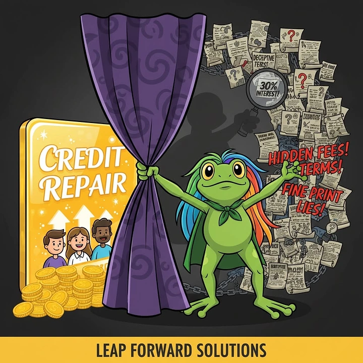 Credit Repair & Credit Score Services creative ad: Curtain reveals hidden fee problem