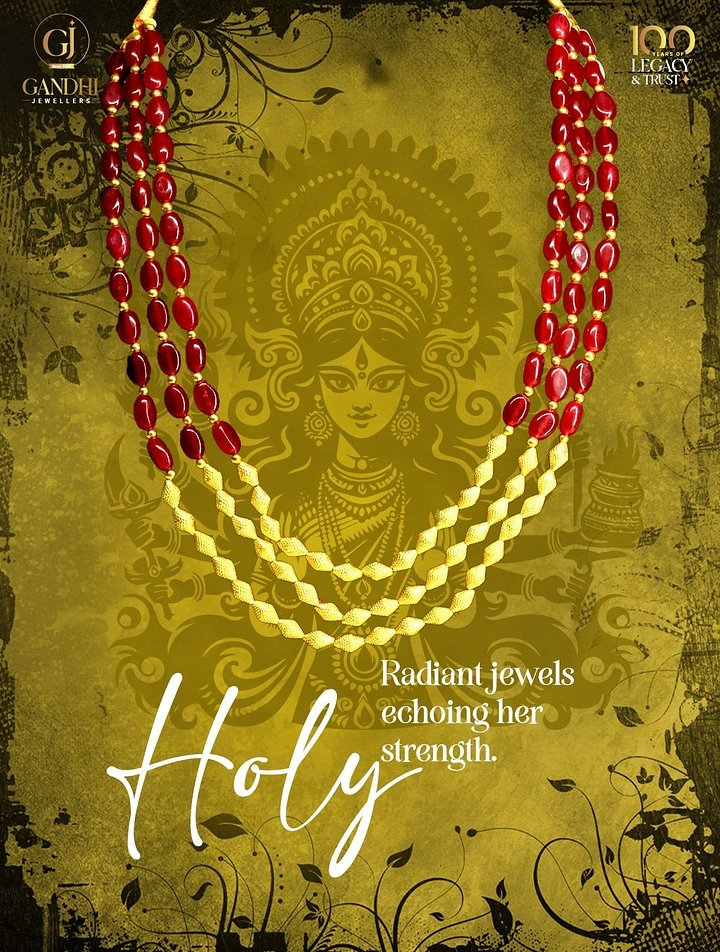Navratri creative ad: Necklace draped over Durga illustration