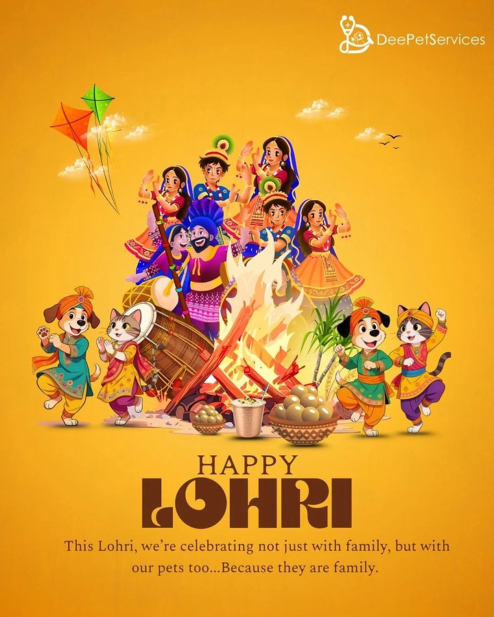 Lohri creative ad: Cartoon Punjabi family and costumed pets dancing around a bonfire