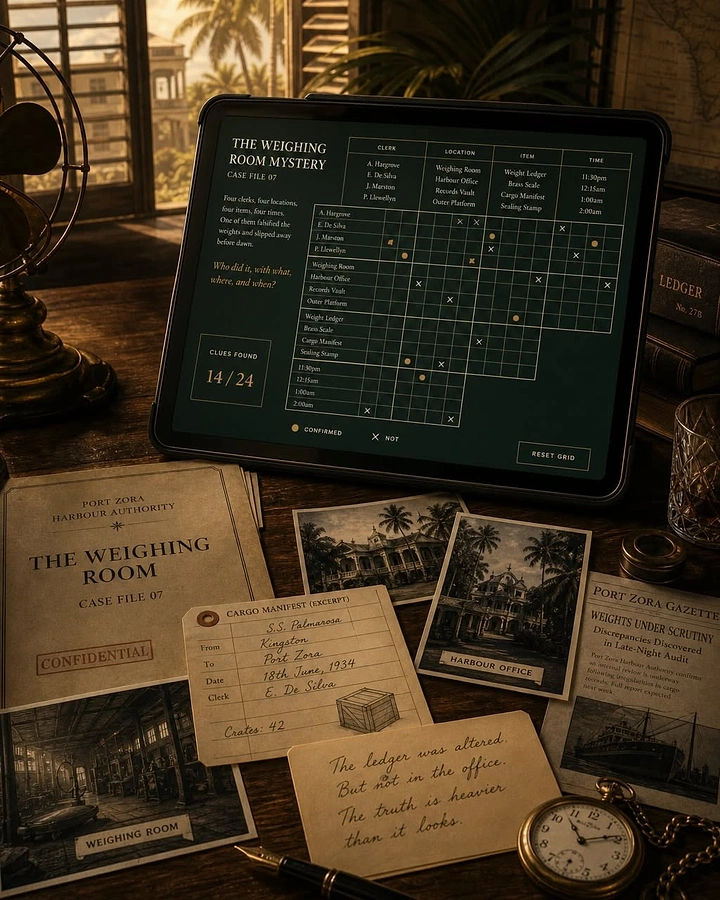 Escape Rooms creative ad: Staged evidence-board presentation sells mystery game