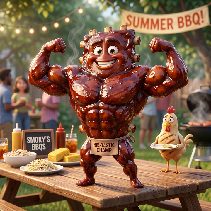 BBQ & Grill Restaurants creative ad: Muscular mascot turns sauce into character