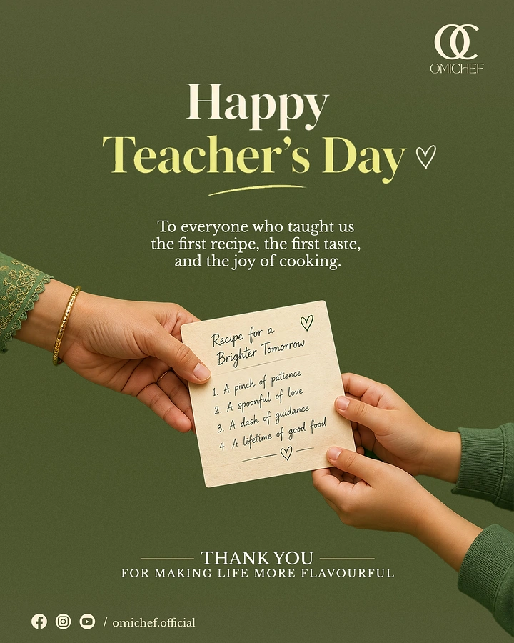 Teachers Day creative ad: Adult hand passing a handwritten recipe card to a child's hands