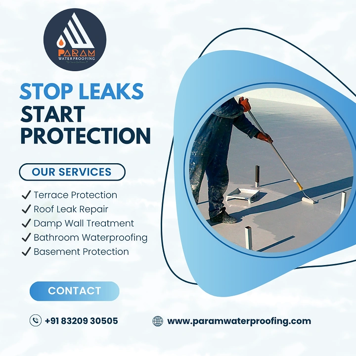 Waterproofing creative ad: Circular roof opening frames protection worker