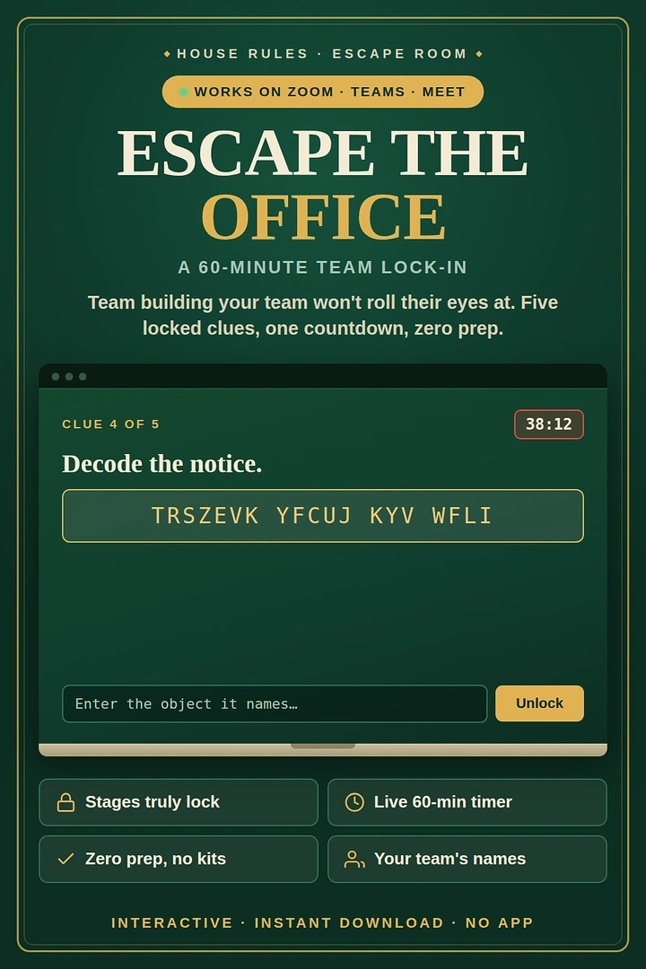 Escape Rooms creative ad: Office escape pun with interactive game framing