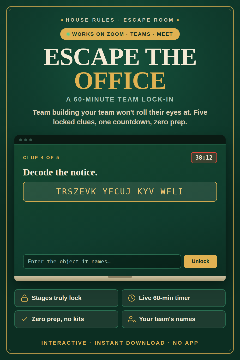 Story: Office escape pun with interactive game framing
