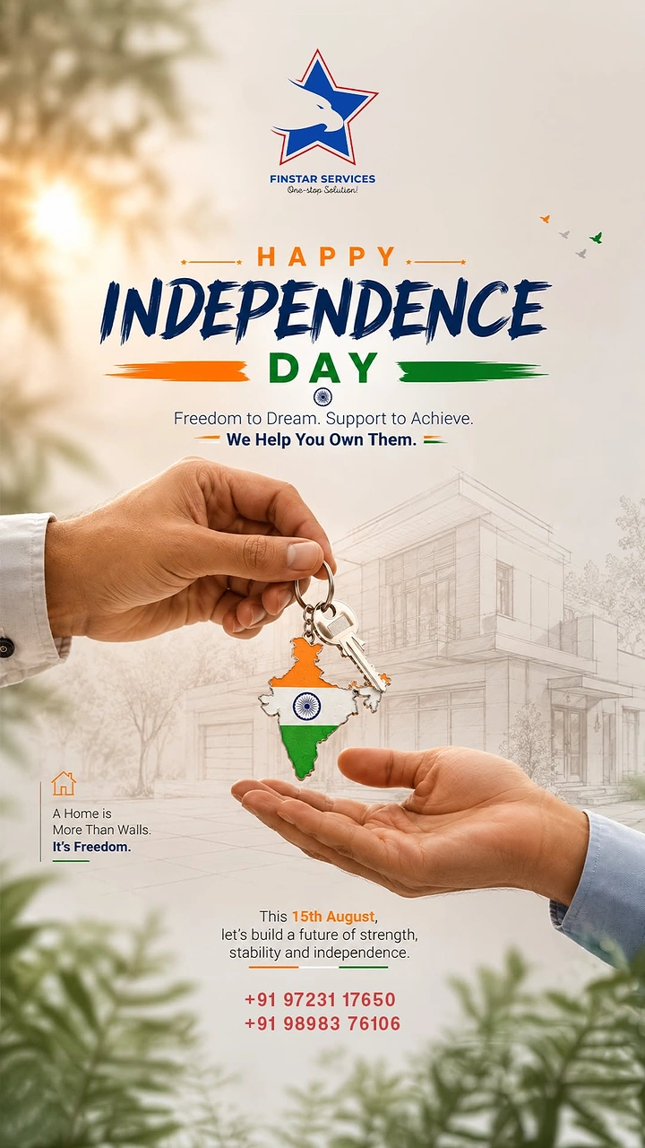 Independence Day creative ad: Hand passing house keys on a tricolour India-map keychain into an open palm