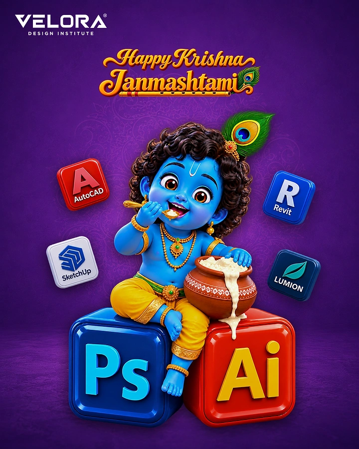 Janmashtami creative ad: Baby Krishna eating butter on 3D software-icon blocks
