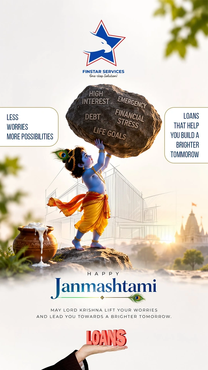 Janmashtami creative ad: Child Krishna lifting a boulder of financial worries
