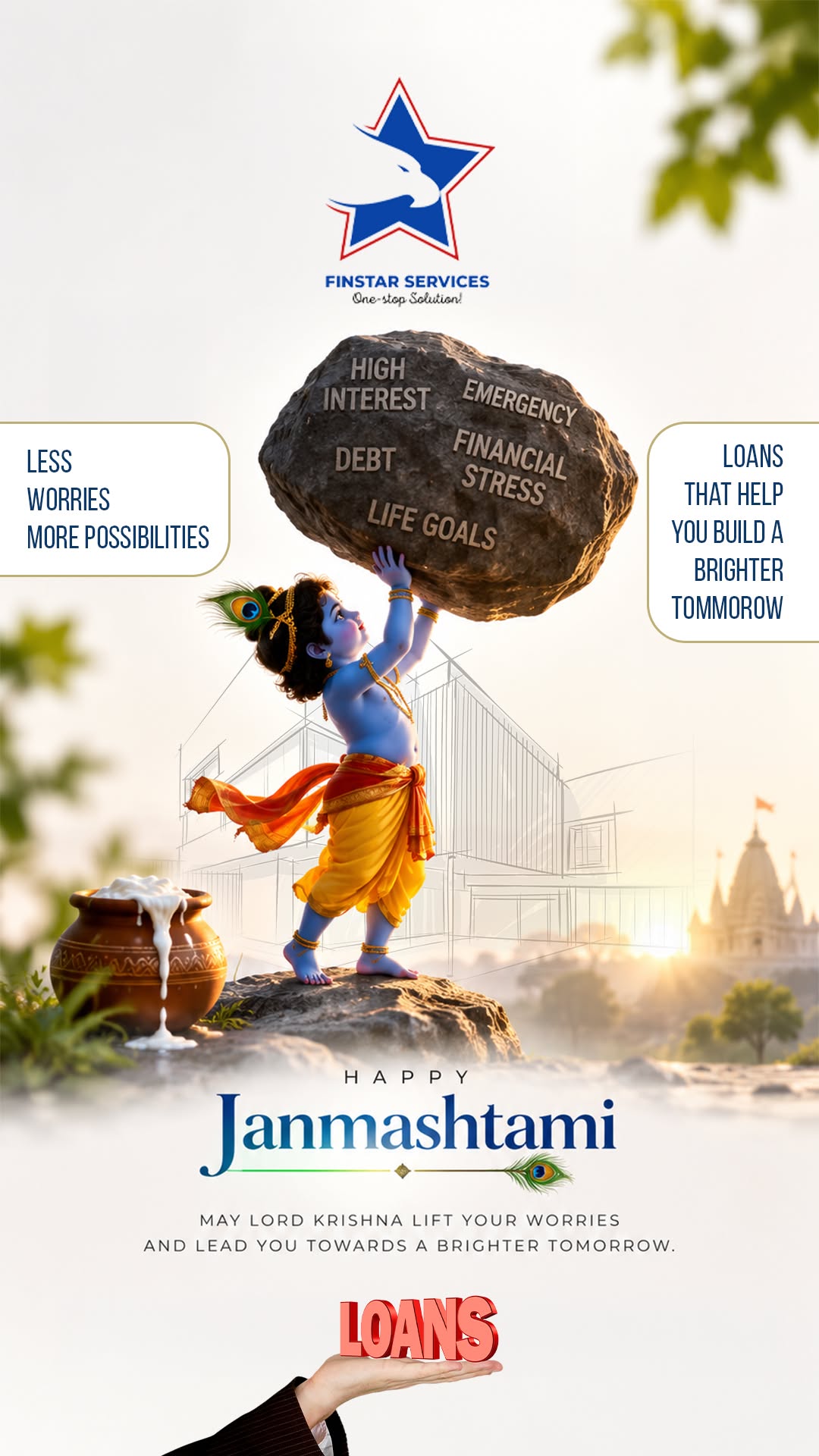 Child Krishna lifting a boulder of financial worries