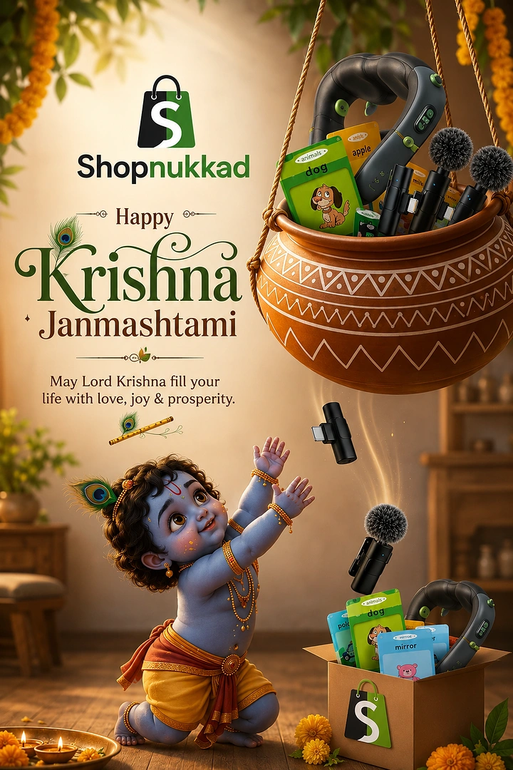 Janmashtami creative ad: Baby Krishna reaching up to a hanging clay pot full of gadgets and flashcards