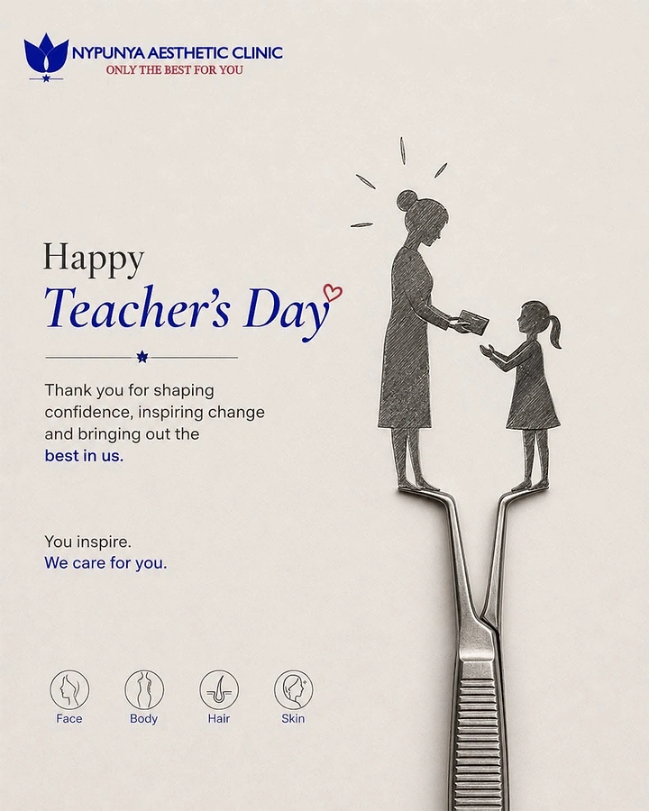 Teachers Day creative ad: Sketched teacher handing a book to a girl, both standing on the tips of steel tweezers