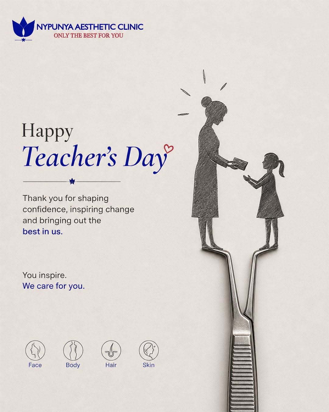 Sketched teacher handing a book to a girl, both standing on the tips of steel tweezers