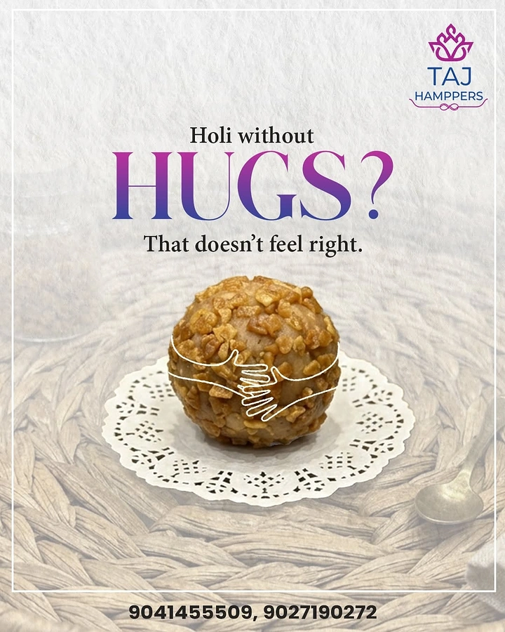 Holi creative ad: Nut-coated laddoo on a doily, hugged by line-drawn hands