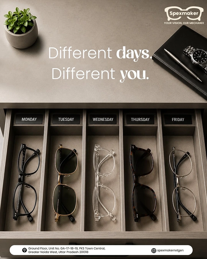 Opticians & Eye Care creative ad: Weekday drawer of glasses, one per day