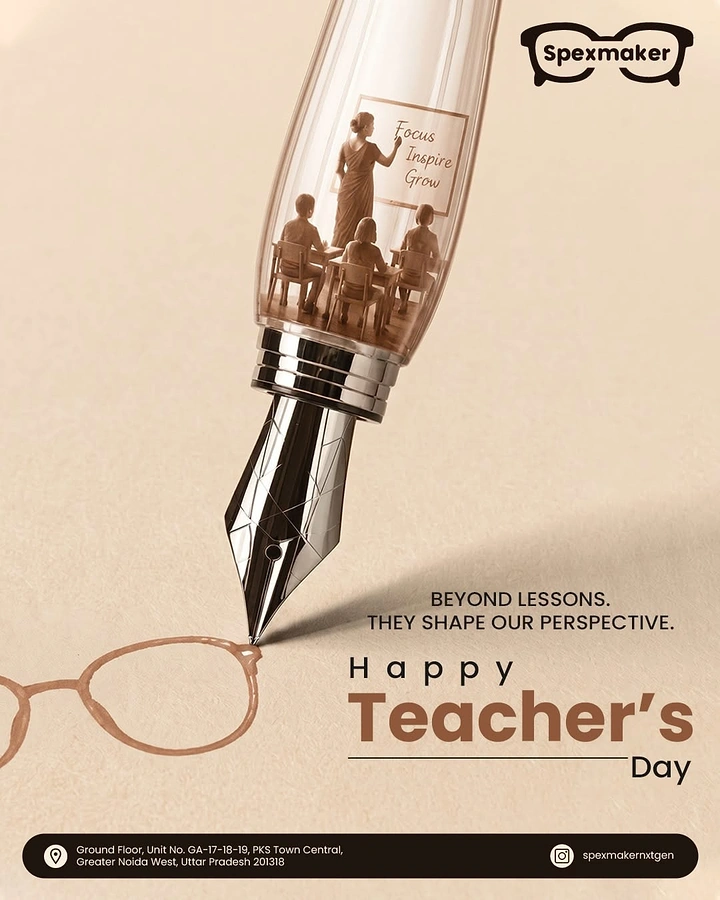 Teachers Day creative ad: Fountain pen with a miniature classroom inside the barrel, drawing spectacles