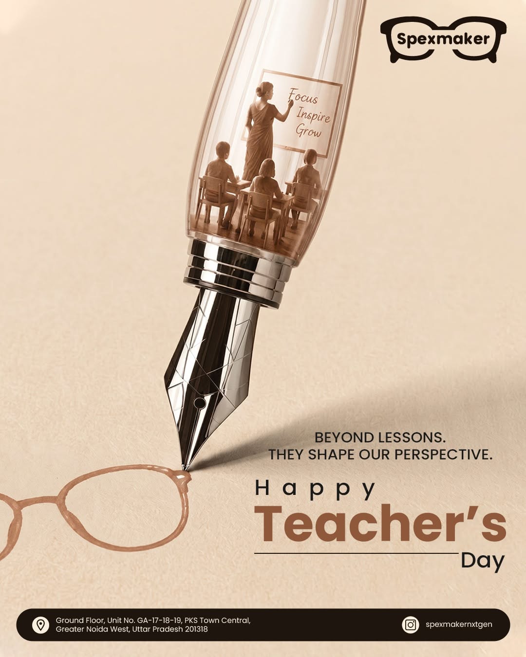 Fountain pen with a miniature classroom inside the barrel, drawing spectacles