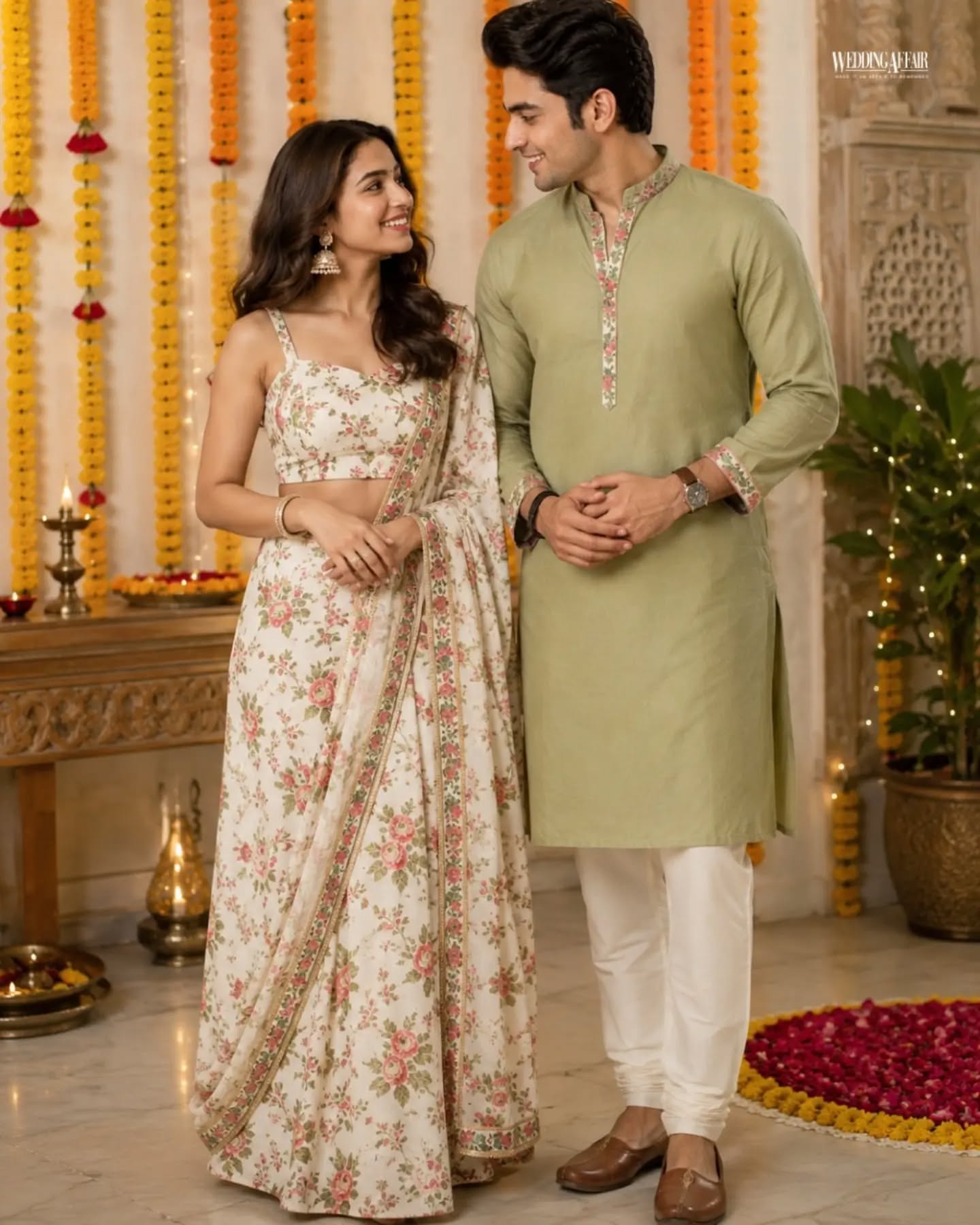 Brother and sister in coordinated pastel ethnic outfits playfully tugging a wrapped gift on a sofa