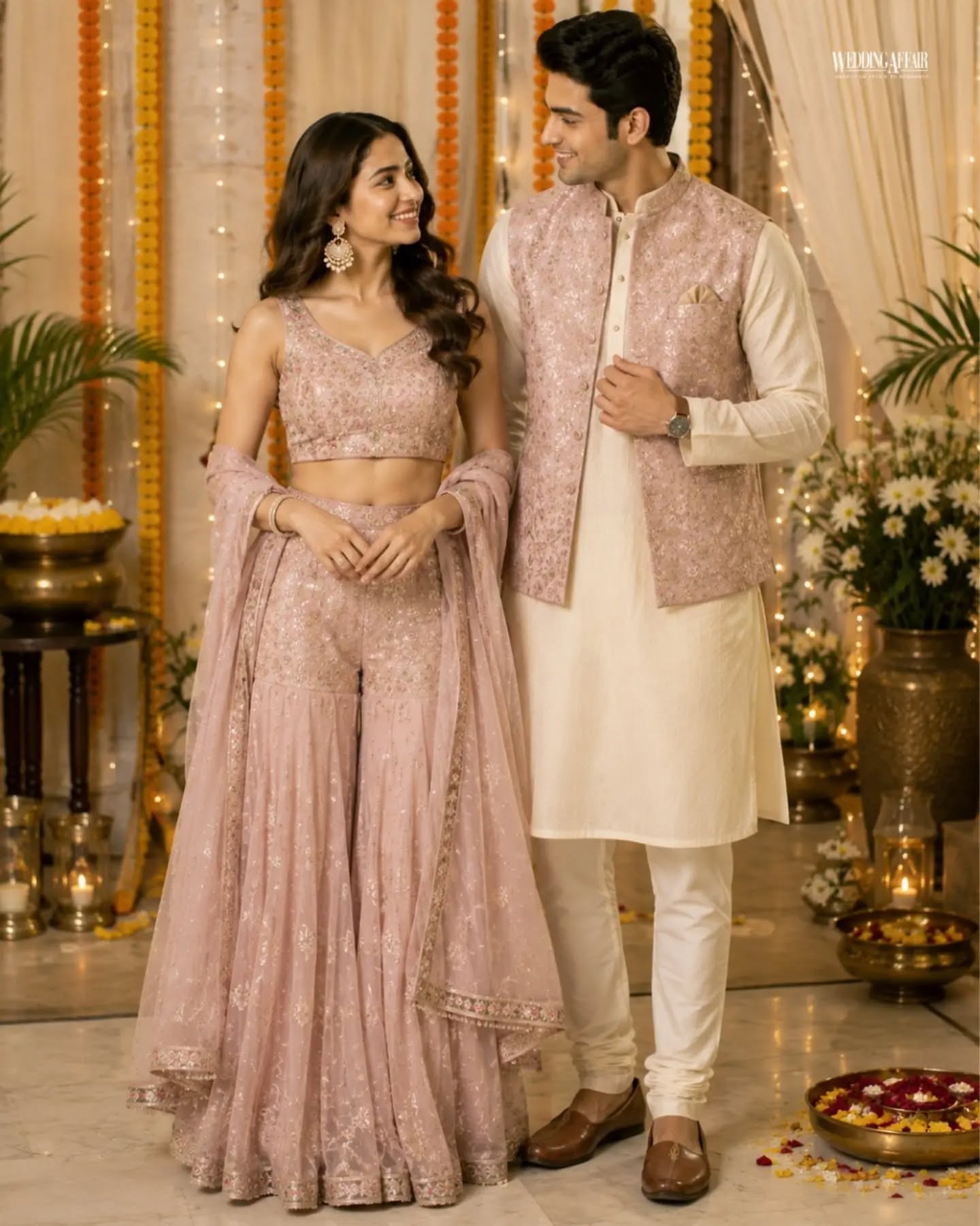 Brother and sister in coordinated pastel ethnic outfits playfully tugging a wrapped gift on a sofa
