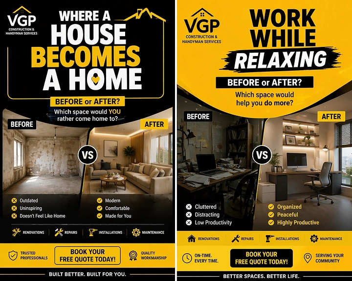 Home Renovation & Remodeling creative ad: Before-after house-becomes-home framing