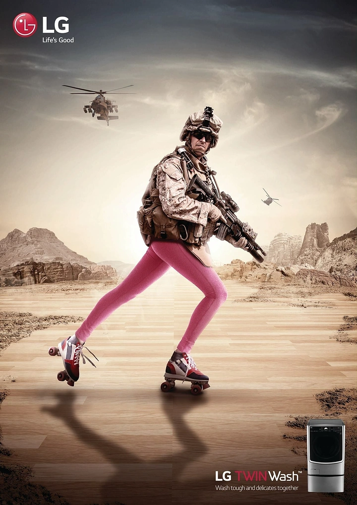 Home Appliances creative ad: Armed soldier wearing pink leggings and roller skates
