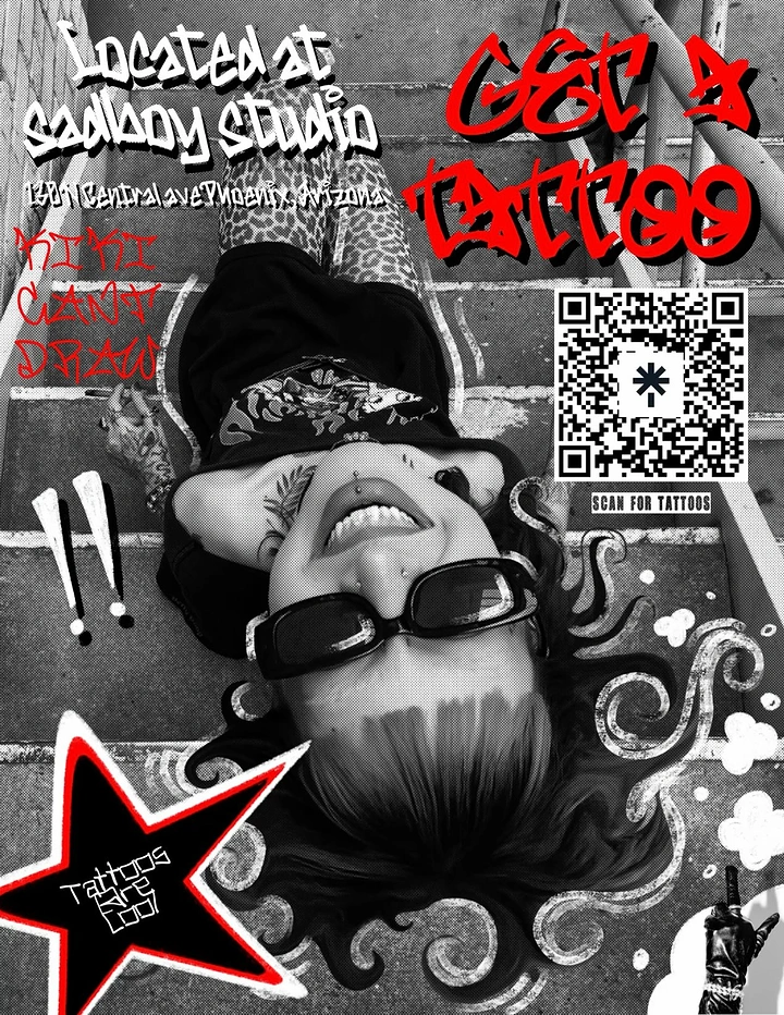 Tattoo Studios creative ad: Punk zine collage flyer with QR booking