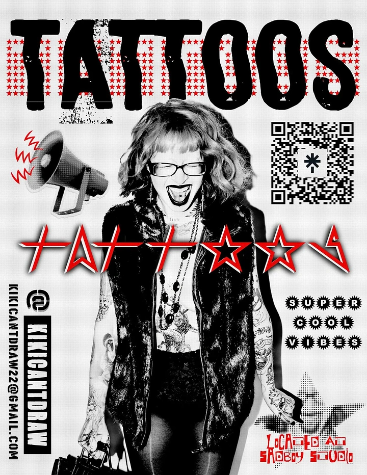 Tattoo Studios creative ad: Punk zine collage poster, gritty halftone