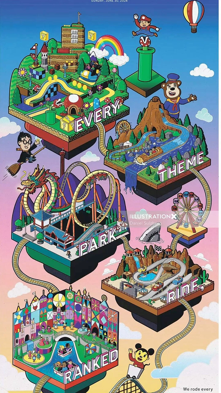 Amusement & Water Parks creative ad: Isometric floating theme park islands