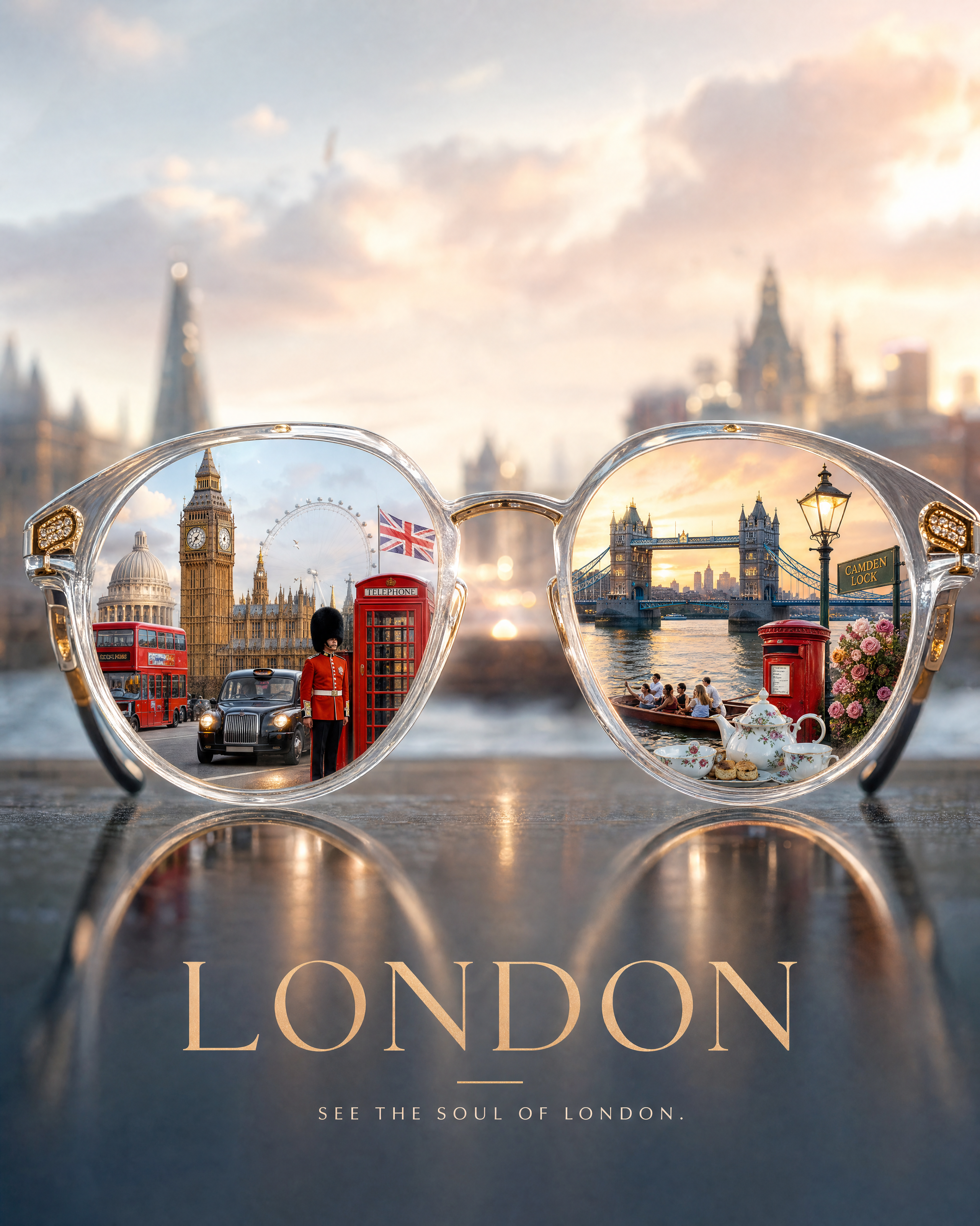 Instagram post: City landmarks reflected in lenses