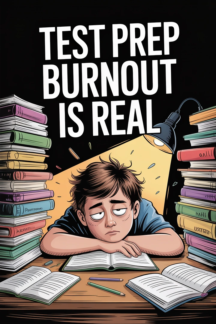 Test Prep & Exam Coaching creative ad: Exhausted student visualizes prep burnout