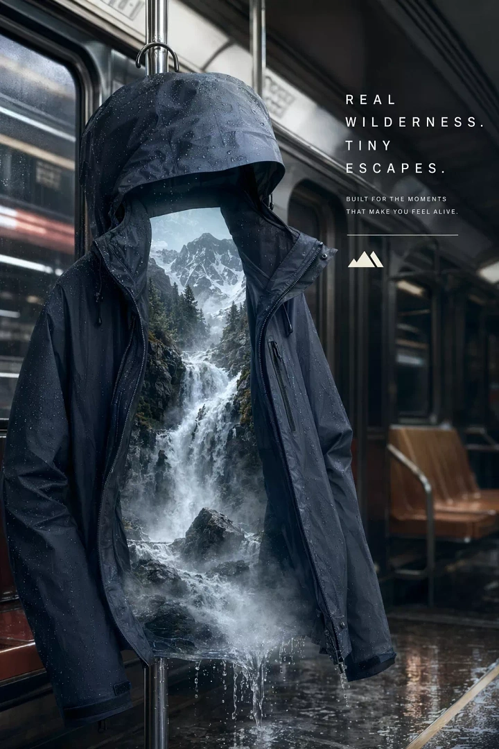 Fashion creative ad: Hanging rain jacket whose empty interior shows a mountain waterfall