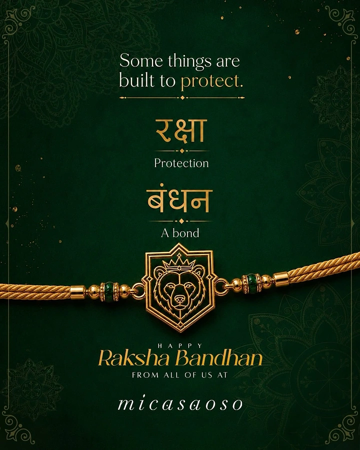 Raksha Bandhan creative ad: Gold rakhi with a crowned bear-head shield charm
