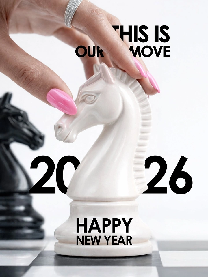 New Year creative ad: Manicured hand moving a white chess knight