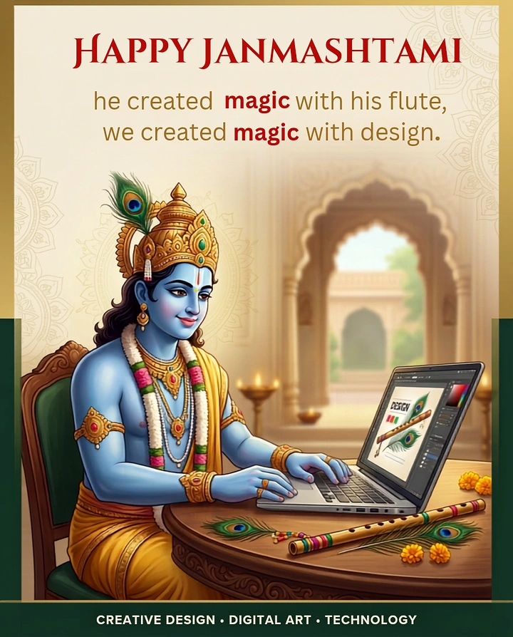 Janmashtami creative ad: Illustrated Krishna designing on a laptop