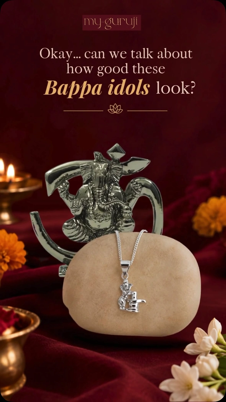 Ganesh Chaturthi creative ad: Silver Om-Ganesha idol behind a stone displaying a silver Ganesha pendant