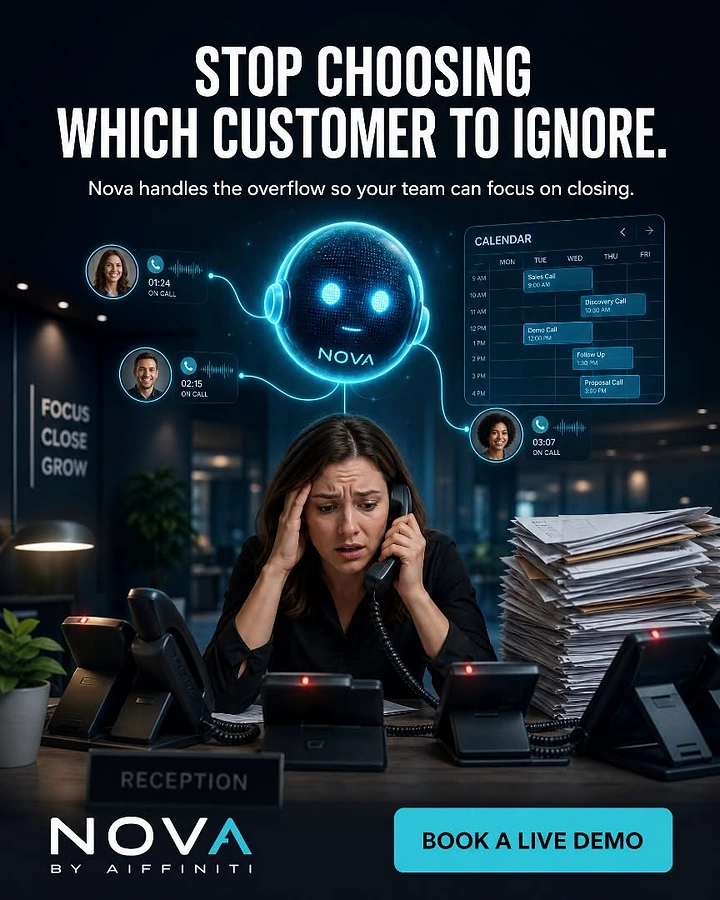 Virtual Assistant Services creative ad: Overwhelmed receptionist solved by Nova